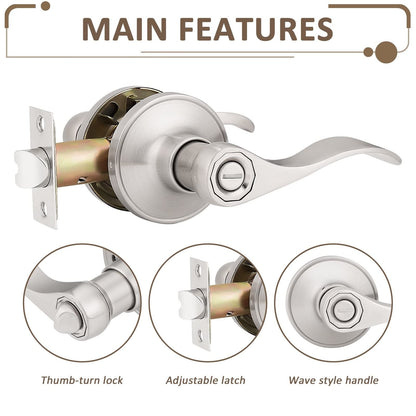 Probrico (1 Pack)Privacy Door Lever[Thumb Turn Lock on The Inside],Locking Door Handle Set for Bedroom & Bathroom Doors,Keyless Satin Nickel Finish Wave Door Lock, Reversible Right & Left Side Handed