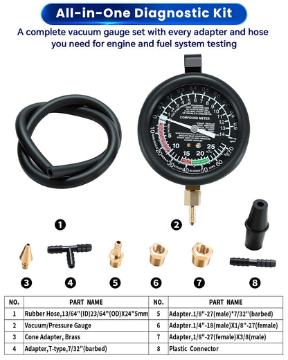 ATPEAM Fuel Pressure Gauge Vacuum Pump Tester Kit | Fuel Pump Pressure & Vacuum, Carburetor Intake Manifold, & Vacuum Test | Gauge Leak Carburetor Pressure Diagnostics Tool Kit