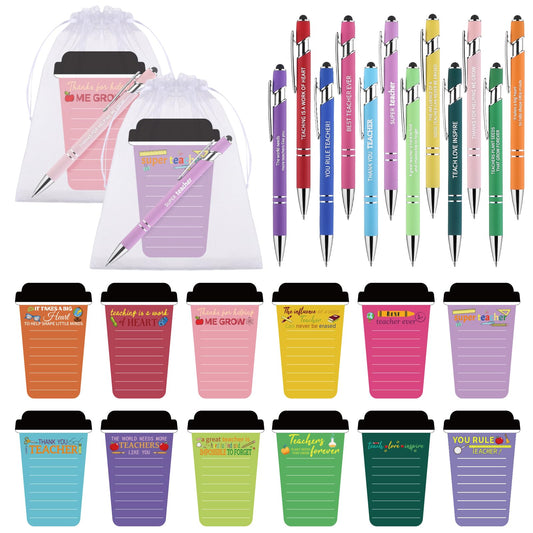 Youdaju 36 Pcs Thank You Coffee Cup Notepads Teacher Inspirational Sticky Notes Motivational Sticky Notes Writing Memo Pad with Pen Organza Bag for Teacher Team Staff Employee Appreciation Gift