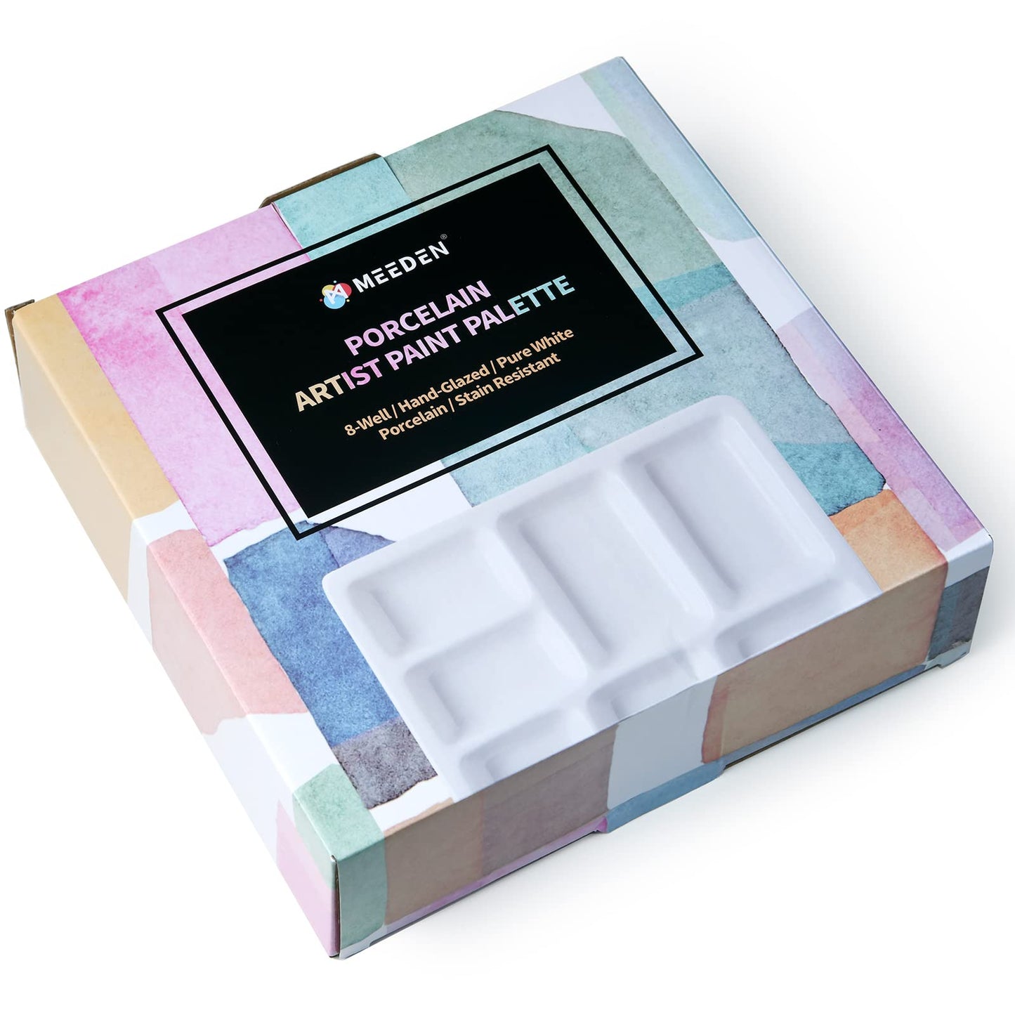 MEEDEN 8-Well Ceramic Artist Paint Palette, Square Porcelain Watercolor Palette, White Ceramic Mixing Tray for Gouache, Oil, Acrylic & Tempera Painting, 7''×7''× 0.8''