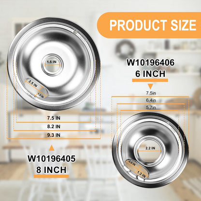 1x8" & 3x6" Chrome Drip Pans Kit Compatible for Whirlpool- W10196405 W10196406 Drip Pan Electric Stove Burner Covers Replaces 0089285 0091813 0304979 0310228 Not for GE