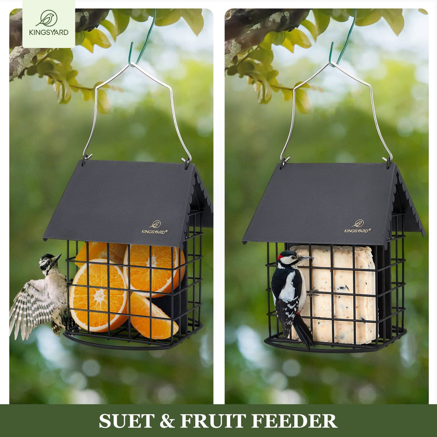 Kingsyard Cute Suet Feeder with Weatherproof Roof, All Metal, Two Suet Capacity, Outdoor Cage Bird Feeder for Wild Bird, w/Hanger, Black
