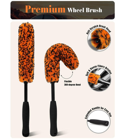 YeewayVeh Car Wheel Brush Kit, 4PCS Microfiber Wheel Cleaner Brush, Soft & Scratch-Free Detailing Brush and Tire Brush, Professional Wheel Cleaning Kit for Car Rim Fenders Engine Exhaust Tips, Orange