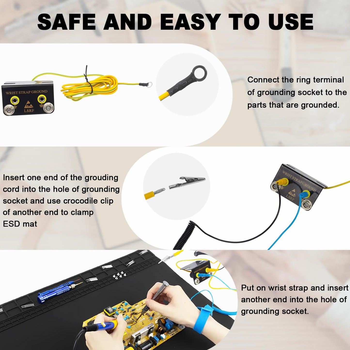 60x35cm Heat Resistant Large Silicone Soldering Mat with Grounding Accessories and Anti Static Wrist Strap, Repair ESD Safe Work Mat for Soldering, Computer, Cellphone Workbench Protection Etc (Black)
