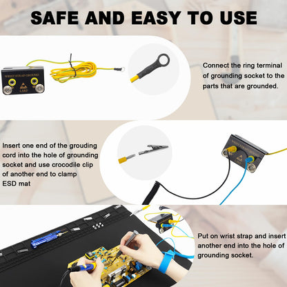 60x35cm Heat Resistant Large Silicone Soldering Mat with Grounding Accessories and Anti Static Wrist Strap, Repair ESD Safe Work Mat for Soldering, Computer, Cellphone Workbench Protection Etc (Black)