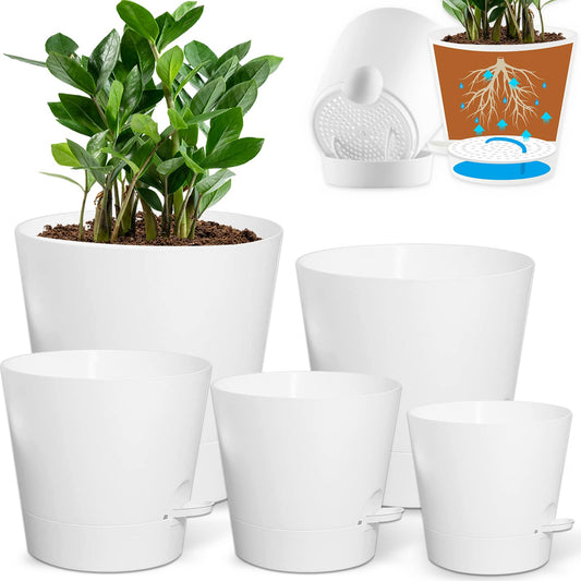 Tsxcnaa Self Watering Pots for Indoor Plants, 5 Packs 7/6.5/6/5.5/5 Inch Self Watering Pots with Drainage Hole and Removable Reservoir Saucers, Plastic Flower Pot (White)
