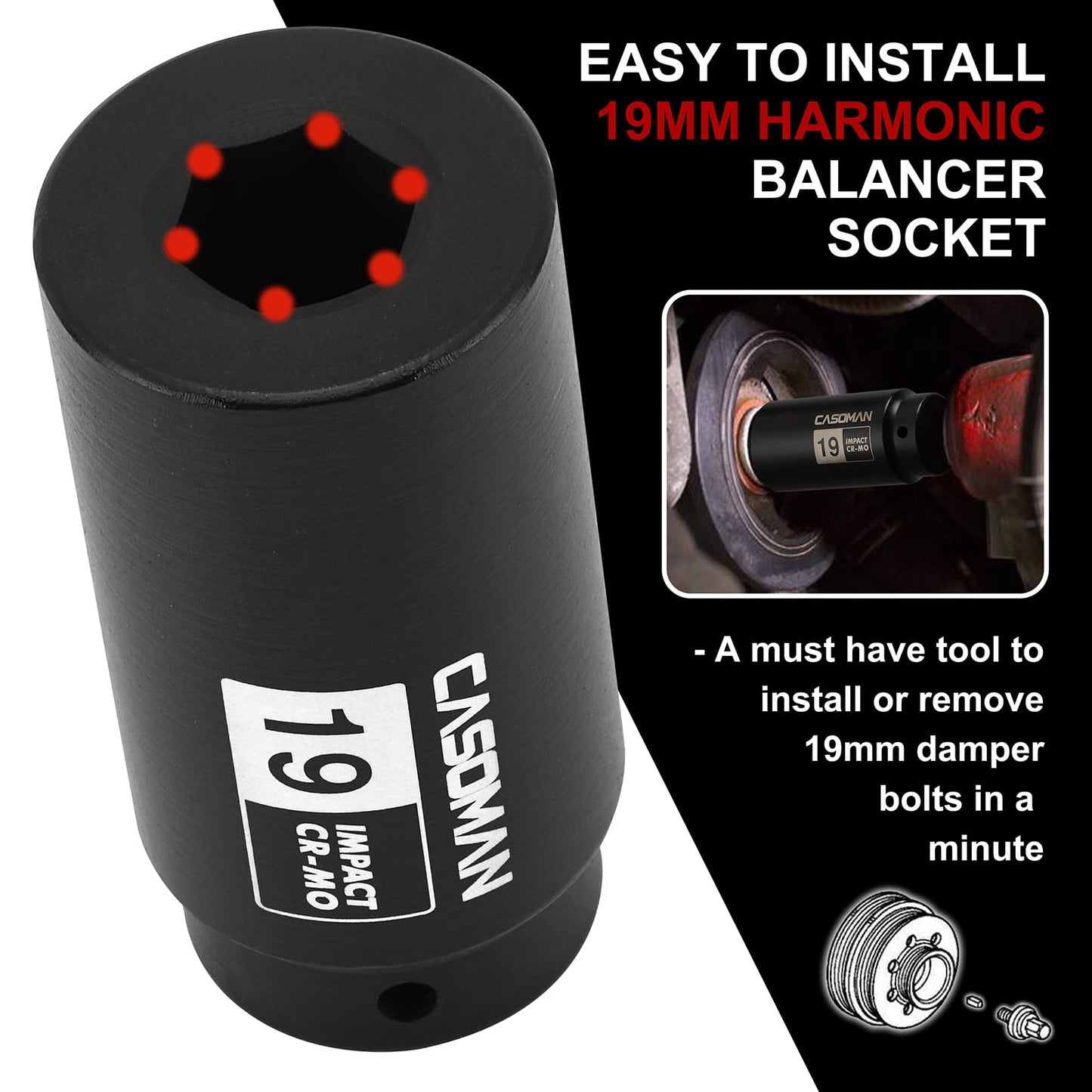 CASOMAN 1/2" Drive 19mm Crank Bolt Socket for Honda, Harmonic Balancer Socket, 3 Times Momentum Power of Standard Impact Sockets, CR-MO