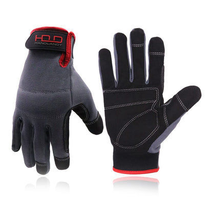 Handlandy Mens Work Gloves Touch screen, Synthetic Leather Utility Gloves, Flexible Breathable Spendex - Padded Knuckles & Palm (Extra Large, Gray)