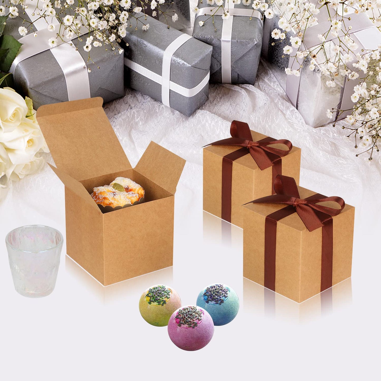 DOYIDE 50 Pack Small Gift Boxes, 3x3x3 Favor Boxes Brown Paper Gift Boxes with Lids for Presents, Crafting, Cupcake Boxes, Gifts, Candy Boxes for Wedding Party Bridal Shower Baby Shower Favors