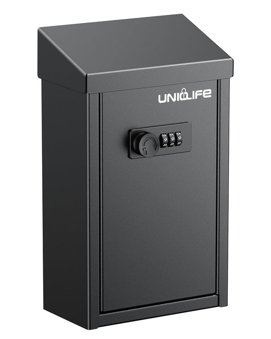 Uniclife Key Drop Box for Outside, Metal Donation Box Collection Box with Combination Lock, Safe Suggestion Box, Wall Mounted Mailbox with Top Slot, Steel Cash Drop Box for Home Office and Business