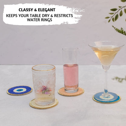 Folkulture Beaded Coasters for Drinks | Set of 4 (4") Round Decorative Bar Coasters for Table Décorations | Cute Boho Coaster Set for Cocktail | Modern Coaster | Evil Eye Gifts for Her