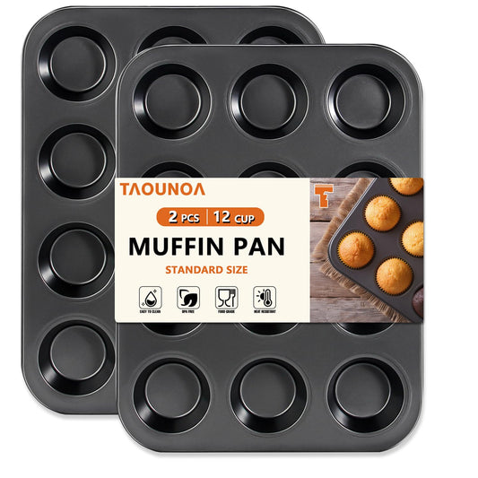 Muffin Pan for Baking, 12 Cup Nonstick Cupcake Pan Set of 2, Carbon Steel Muffin Tin, Muffin Tray Dishwasher Safe