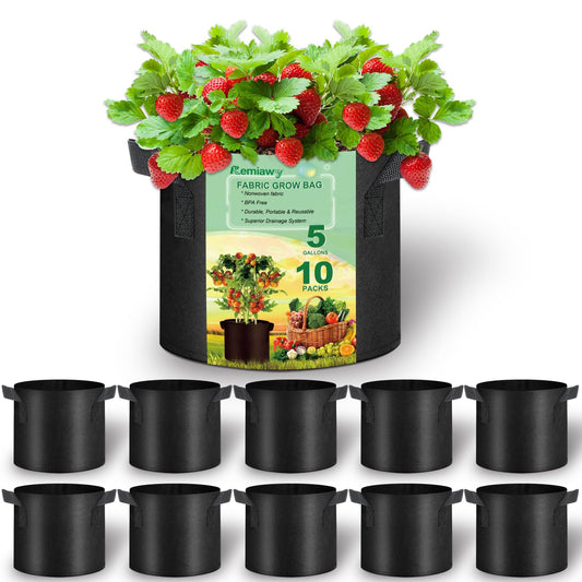 Remiawy Grow Bags, 10 Pack 5 Gallon Aeration Fabric Pots with Handles Reusable Heavy Duty Thickened Nonwoven Indoor Outdoor Garden Plant Containers for Growing Potatoes Tomatoes Plants and Vegetables
