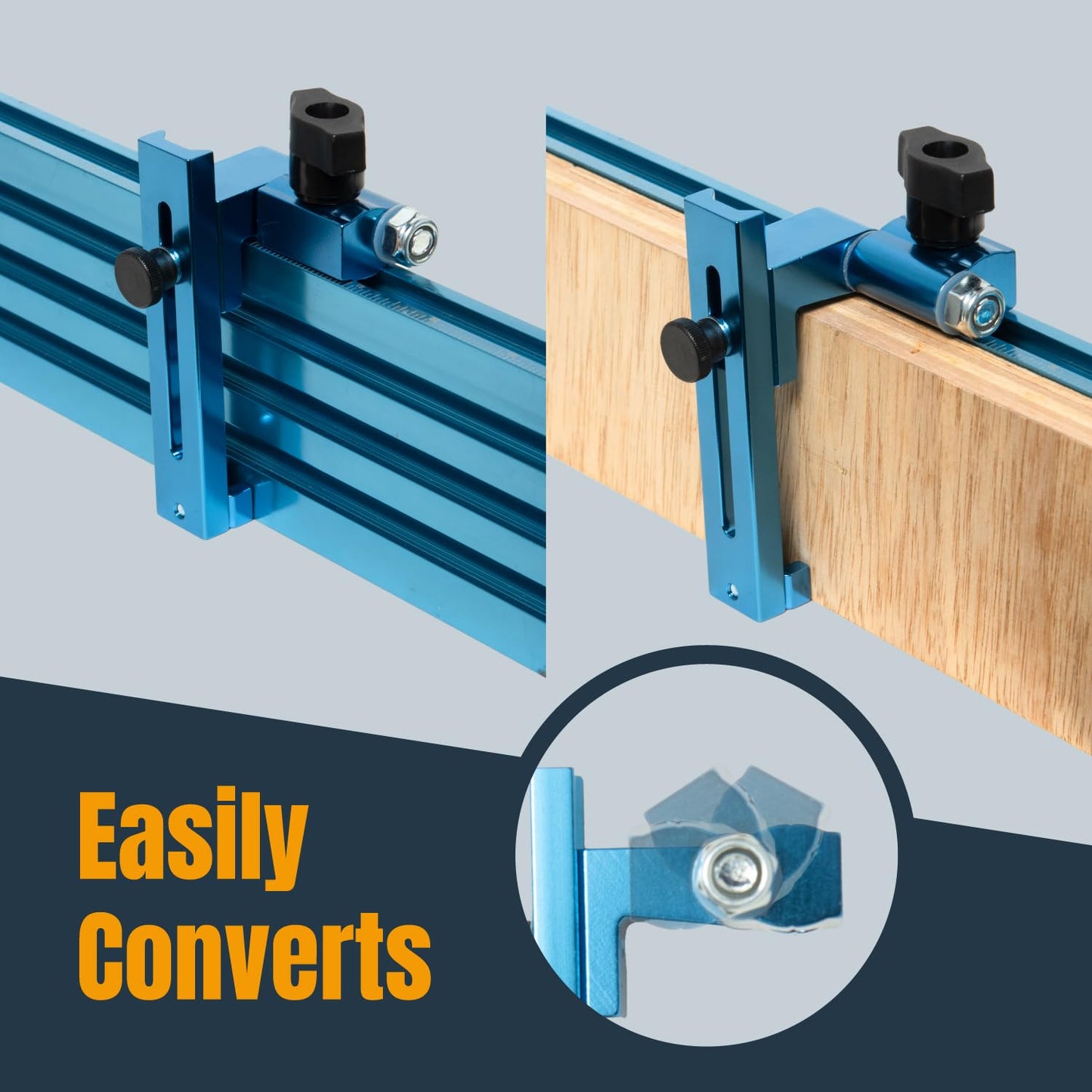 POWERTEC 1" to 3-1/2" Adjustable Flip Stop, Patent Pending Curved-Based T Track Stop for Miter Saw, Table Saw, Drill Press, Router Table, Miter Gauge, T Track Accessories for Woodworking (72043)