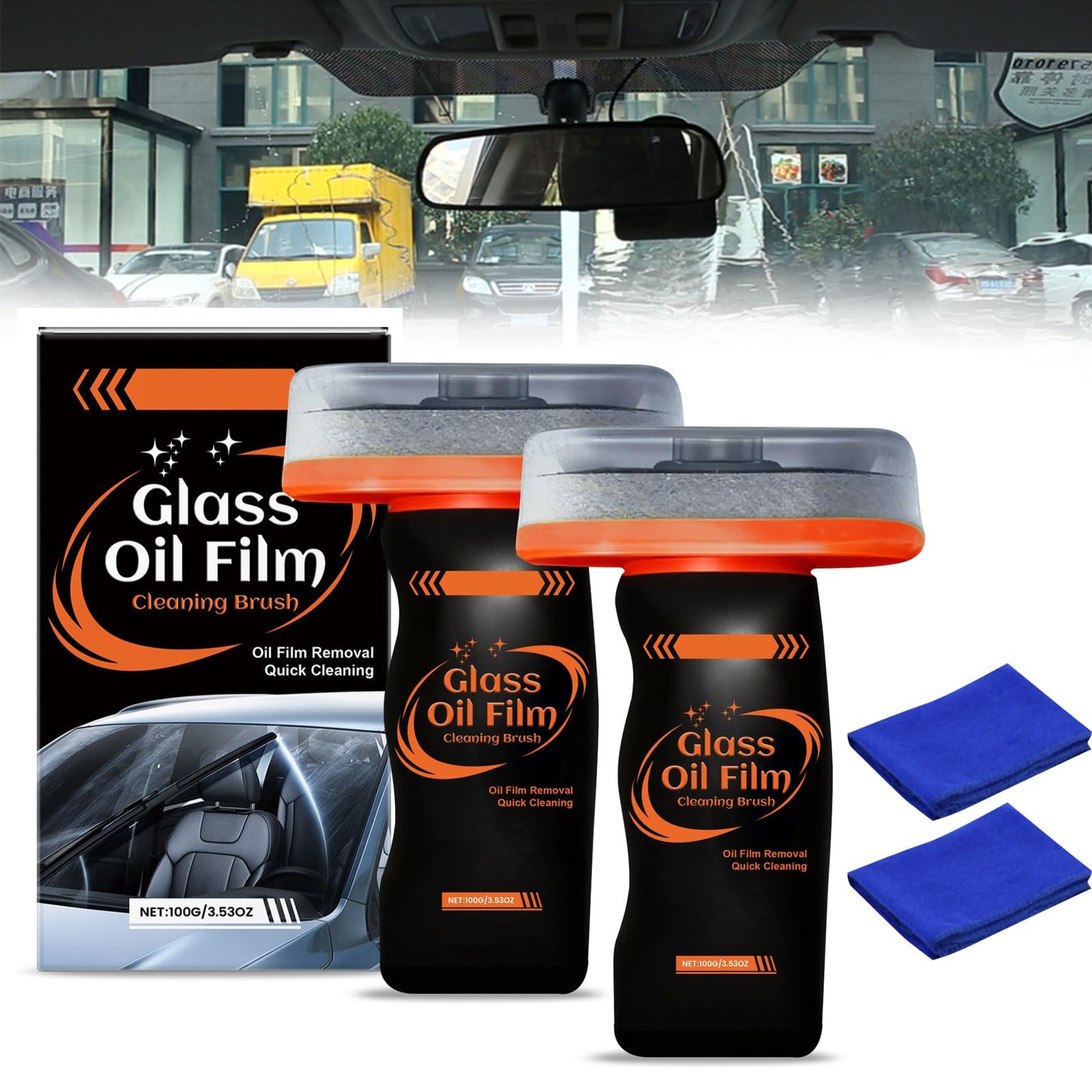 2PC Glass Oil Film Remover for Car,100ml Roll-On Glass Compound with Cleaning Board, Removes Oil Film & Smudges,Automotive Oil Film Cleaning Brush for Car Windows