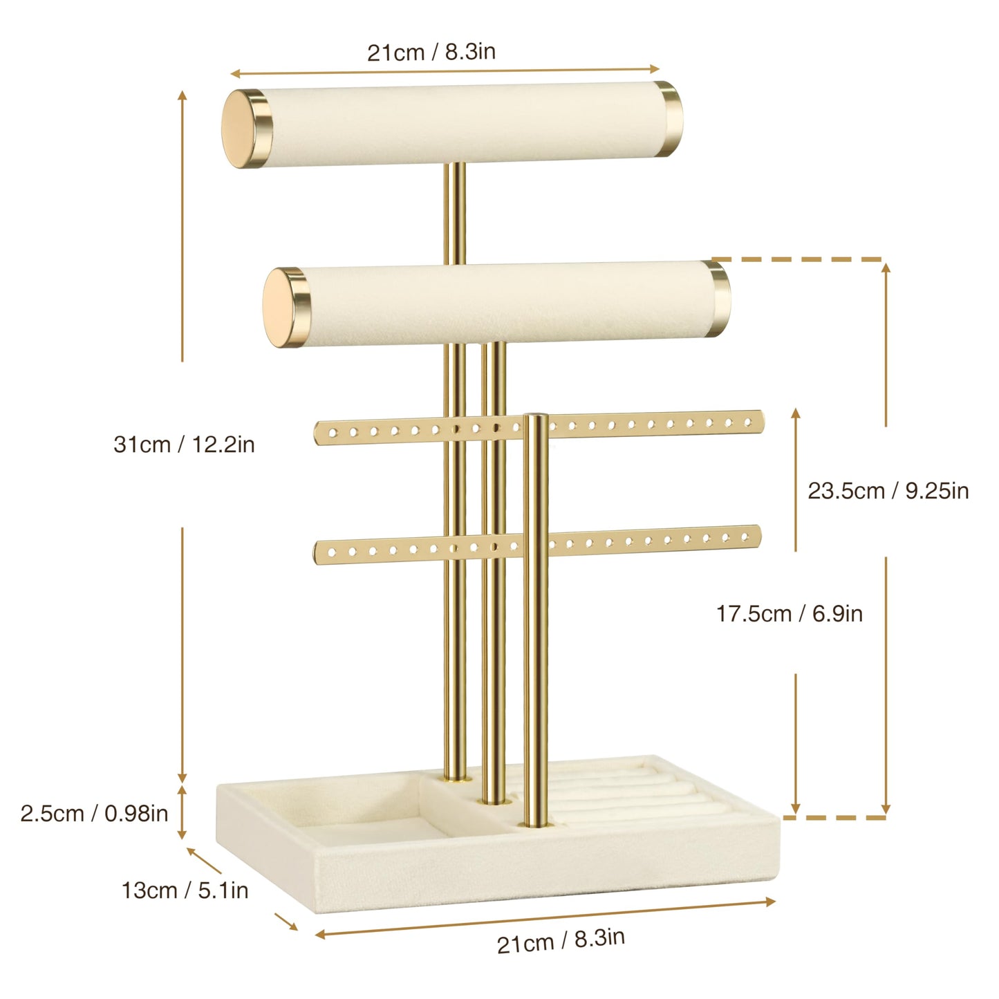 3 Tier Bracelet Holder Display - Beige Velvet Jewelry Organizer Stand, Detachable T Bar Jewelry Holder for Bracelet, Necklace, Watches, Rings, Earrings