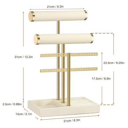 3 Tier Bracelet Holder Display - Beige Velvet Jewelry Organizer Stand, Detachable T Bar Jewelry Holder for Bracelet, Necklace, Watches, Rings, Earrings