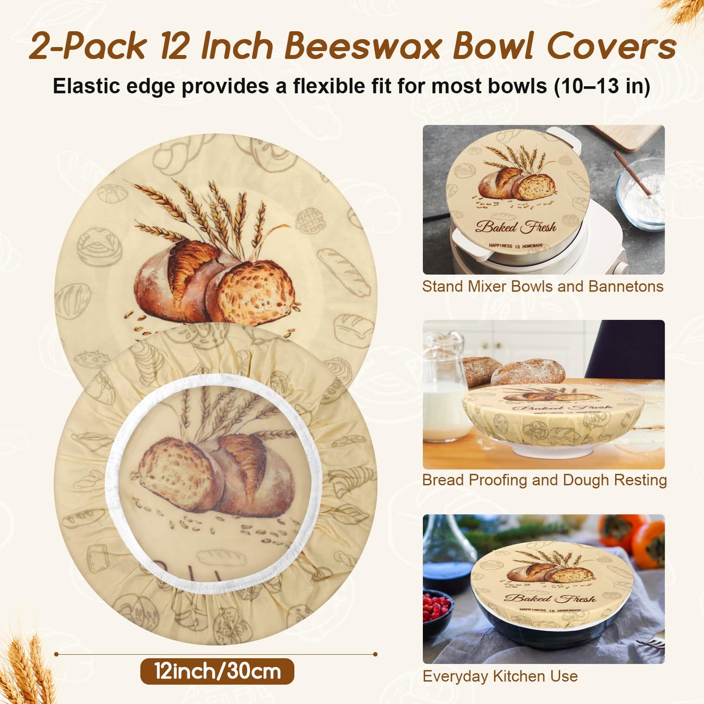 2Pack Beeswax Bowl Covers for Bread Proofing, Large 12inch Sourdough Bowl Covers, Reusable Bowl Covers for Dough Proofing and Food Storage, Elastic Shower Caps for Sourdough Bread