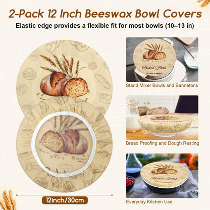 2Pack Beeswax Bowl Covers for Bread Proofing, Large 12inch Sourdough Bowl Covers, Reusable Bowl Covers for Dough Proofing and Food Storage, Elastic Shower Caps for Sourdough Bread