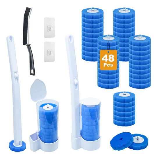 2 Pack Disposable Toilet Brush and Holder Set, with 48 Toilet Bowl Cleaner Refills & Upgraded Clamping System, for Bathroom Cleaning,Sink, Bathtub, Floor, Wall Mounted or Floor Standing