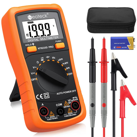 Neoteck Auto Ranging Digital Multimeter AC/DC Voltage Current Ohm Capacitance Frequency Diode Transistor Audible Continuity, Multi Tester with Backlit LCD- Orange