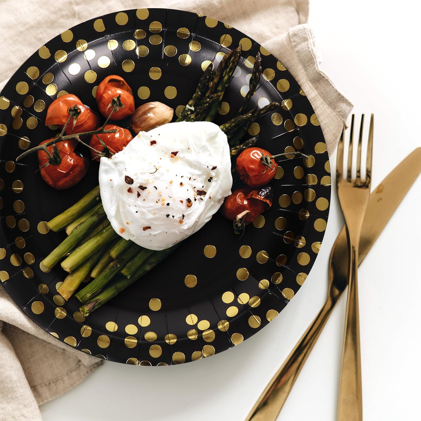100Pcs Black and Gold Party Supplies, Black Plates Disposable for Party, 7inch Round Black and Gold Plates, Dinner Plates Golden Foil Polka Dots (Black, 7inch - 100pcs)