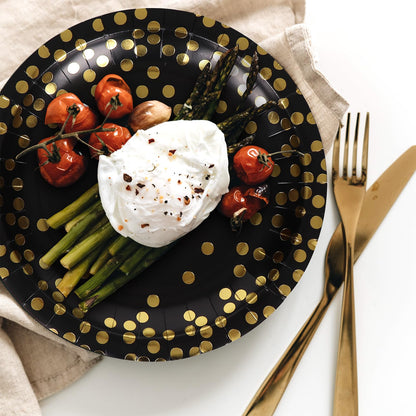 100Pcs Black and Gold Party Supplies, Black Plates Disposable for Party, 7inch Round Black and Gold Plates, Dinner Plates Golden Foil Polka Dots (Black, 7inch - 100pcs)