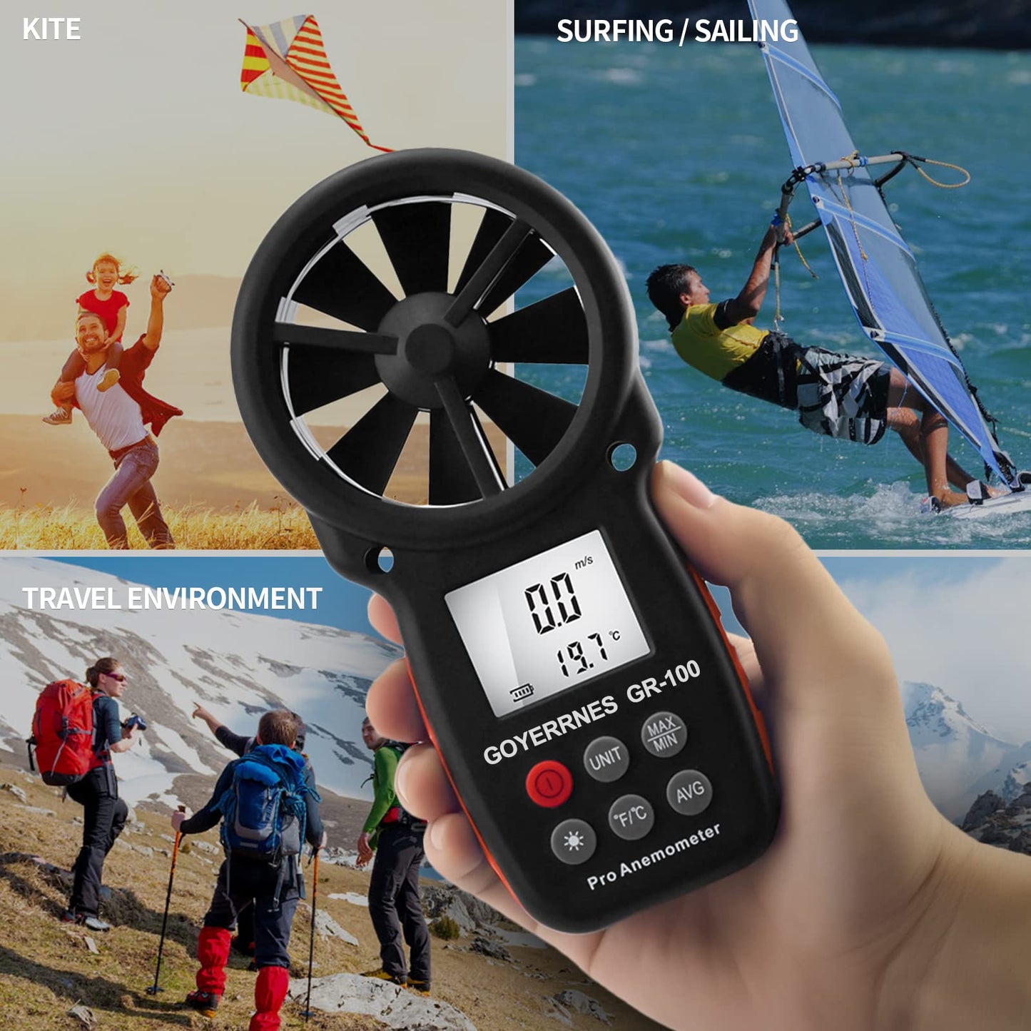 GOYERRNES Handheld Anemometer, Digital Wind Speed CFM Meter Gauge, Air Flow Velocity Tester for HVAC Shooting Drone, Wind Chill, Wind Temperature GR-100