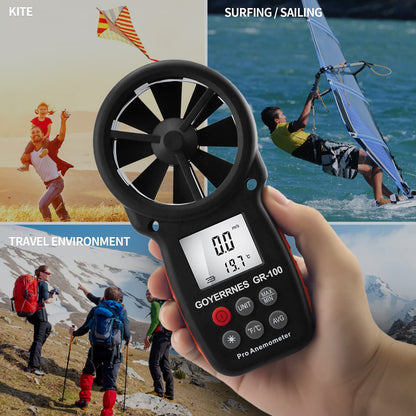 GOYERRNES Handheld Anemometer, Digital Wind Speed CFM Meter Gauge, Air Flow Velocity Tester for HVAC Shooting Drone, Wind Chill, Wind Temperature GR-100