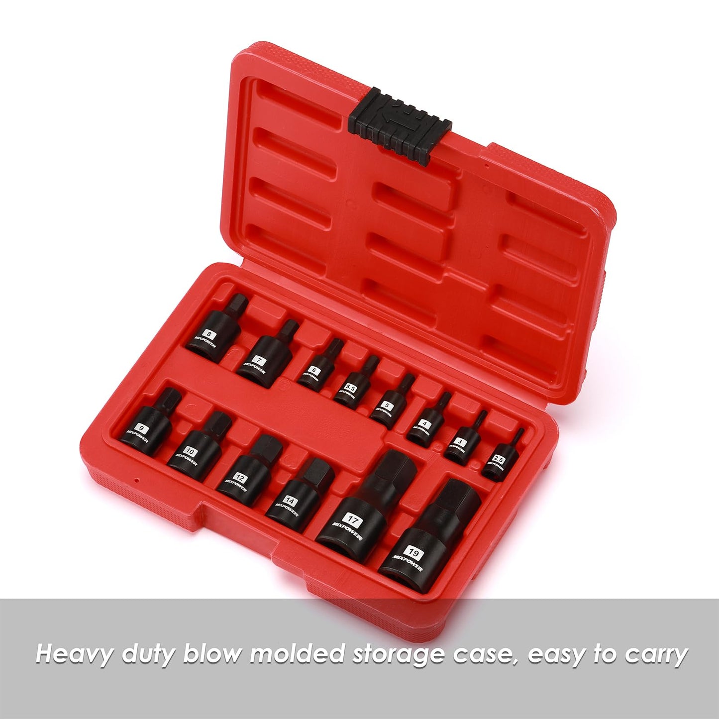 MIXPOWER 14-Piece Dr. Bit Socket Set, 2.5mm to 19mm, 1/4", 3/8" and 1/2" Drive, Cr-Mo Impact Grade, Metric, Hex Bit Socket