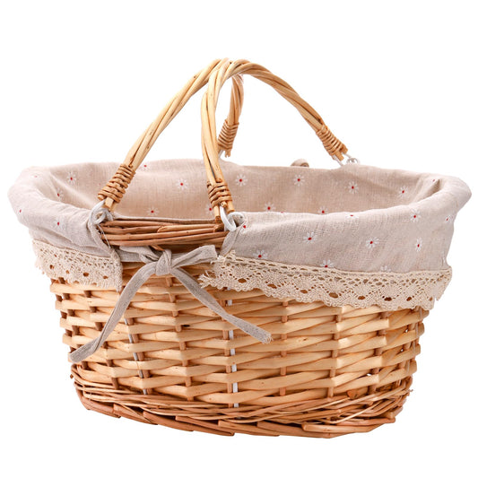 Peohud Wicker Picnic Basket with Handle, Willow Woven Basket with Double Folding Handles and Linen Lining, Large Storage Basket for Easter Egg Gathering, Candy, Gift, Flower Basket for Wedding, Oval