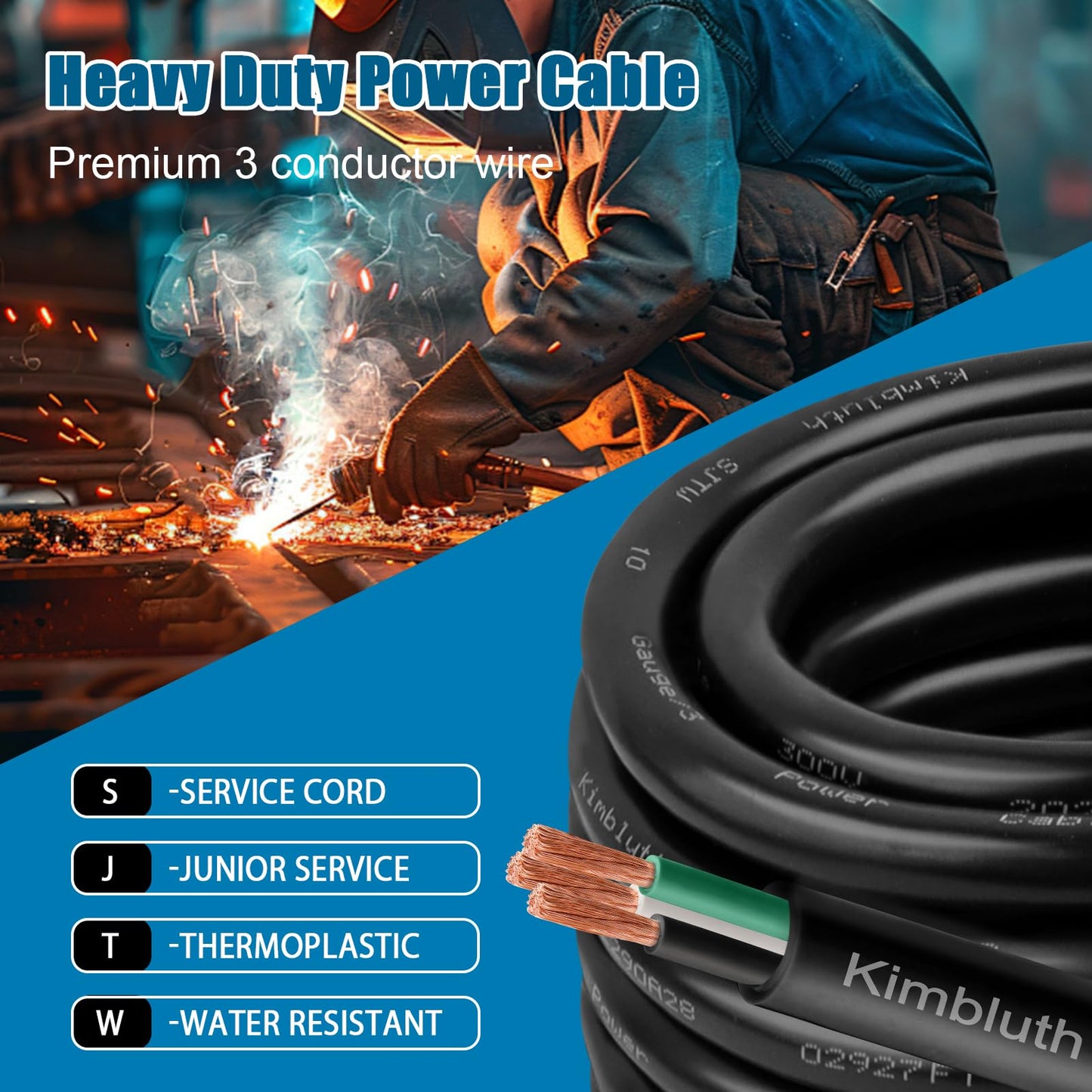 Kimbluth 14 Gauge 3 Conductor Wire SJTW Outdoor Extension Power Cable 10FT, 14/3 Wire Heavy Duty Pure Copper Electrical Wire for Lawn, Battery, Automotive, Outdoors