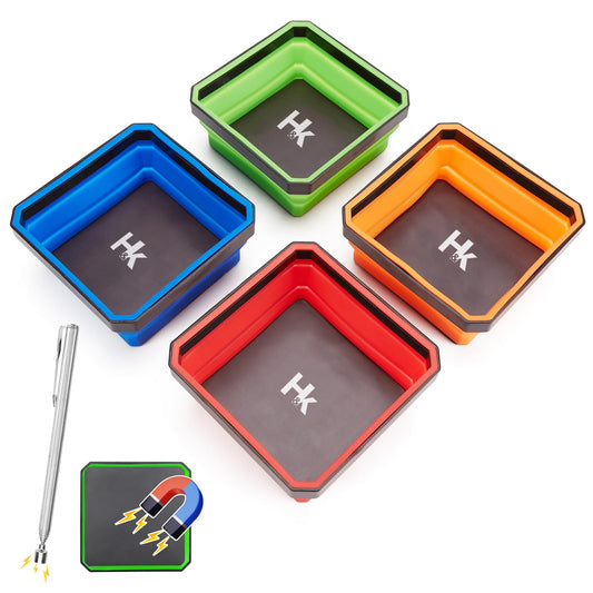 Collapsible Magnetic Trays, 4 Pack Foldable Silicone Magnetic Tool Trays for Small Metal Parts, Bolts, Screws, Nuts, Washers, with Telescoping Magnetic Pick-Up Tool, 4.5in Square