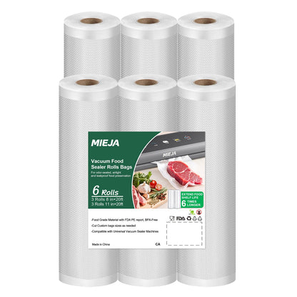 Vacuum Sealer Bags, 6 Pack 3 Rolls 11" x 20' + 3 Rolls 8" x 20' Food Sealer Bags, Food Grade, BPA Free, Customized Size Vcuum Bag for Vac Storage, Meal Prep or Sous Vide Cooking