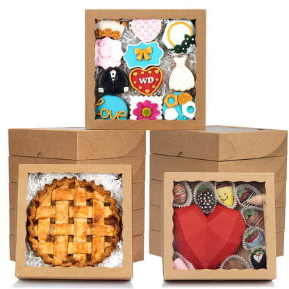 RomanticBaking 24pcs 10x10x2.5 Inches Brown Bakery Boxes with Window Cookies Boxes Pie Boxes Chocolate Covered Strawberries Boxes Cakesicle Browines Box for Christmas Valentine's Day