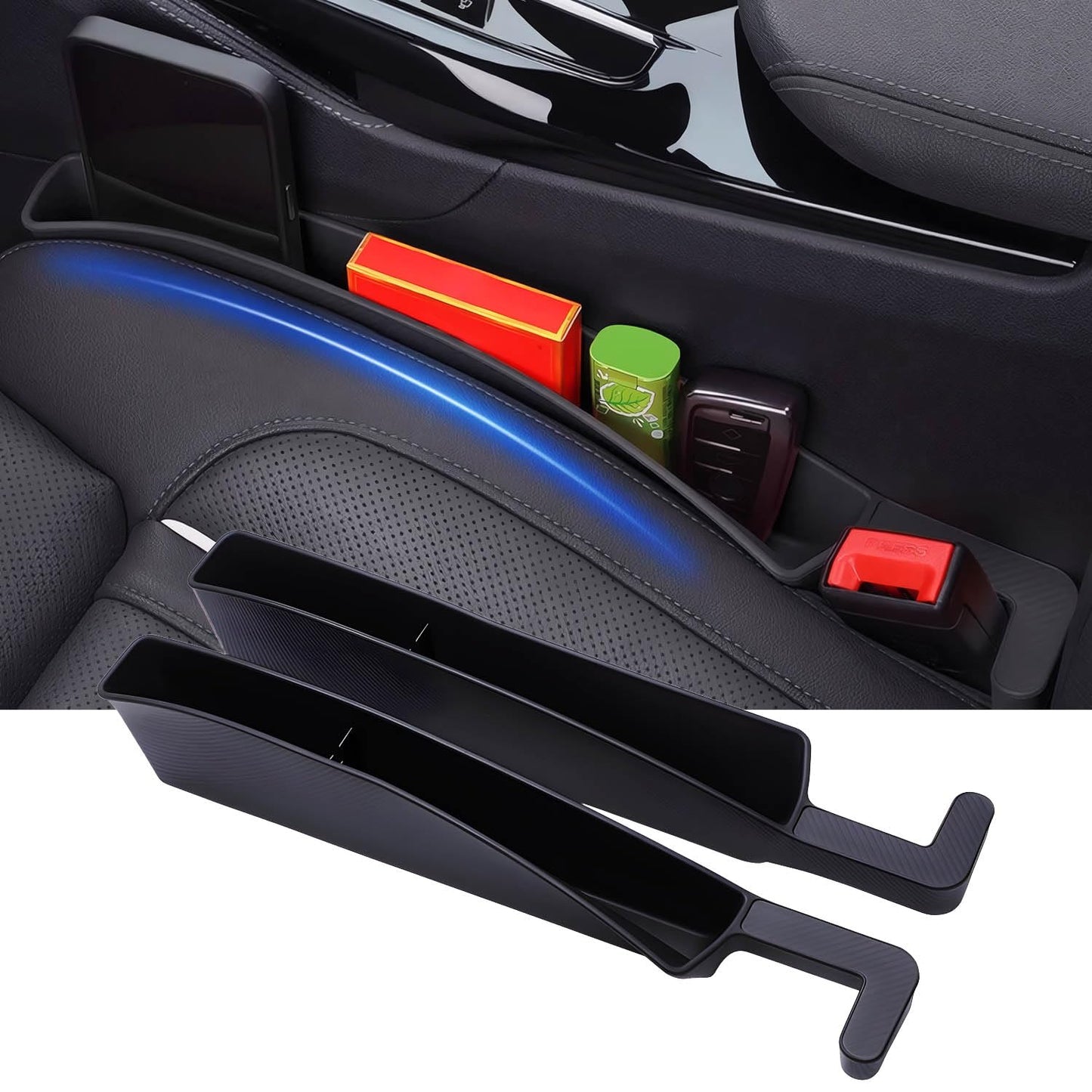 2 Pcs Seat Gap Filler Organizer, Car Gap Filler with 2 Storage Areas, Fit for All Vehicles, Prevents Phones Keys Cards and Chargers Falling Into Car Seat Gap (Black)