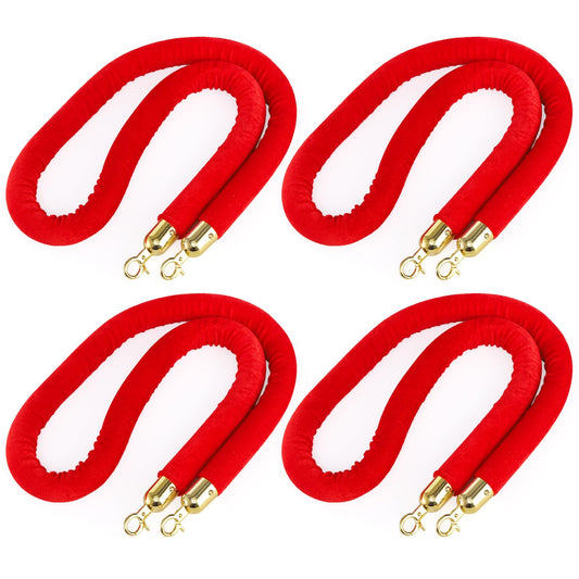 Okllen 4 Pcs Red Velvet Stanchion Rope, 5 Feet Crowd Control Queue Line Barrier Rope with Gold Colour Plated Hooks foor Movie Theaters, Spesial Event, Hotel, Ticket Offices
