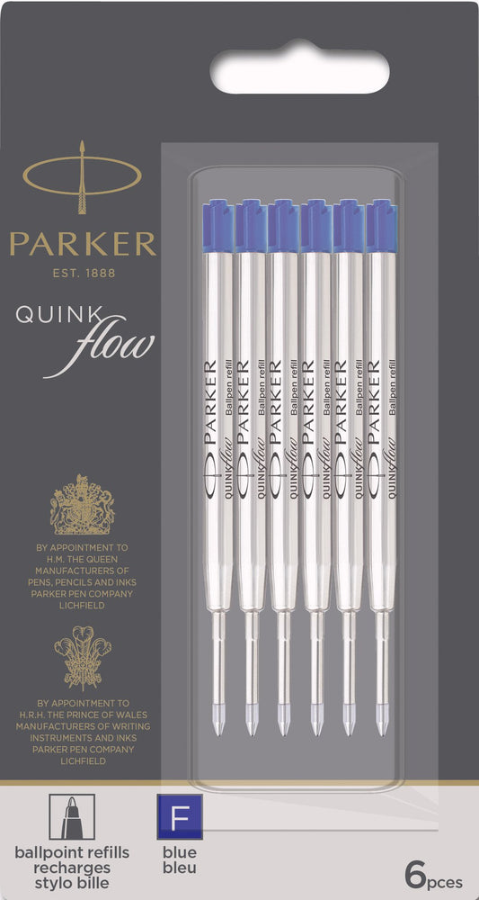 Parker QUINKflow Ballpoint Pen Ink Refills, Fine Tip, Blue, 6 Count Value Pack (2025157)