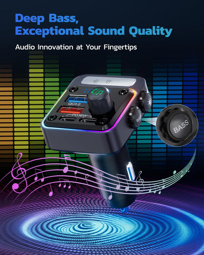 Nulaxy 54W [PD 36W & QC3.0 18W] Bluetooth 5.3 Car Adapter with 4 Charging Ports, Wireless Radio FM Transmitter Audio Receiver with Deep Bass MP3 Music Player, 5 Colors LED Backlit, Hands-Free Calling