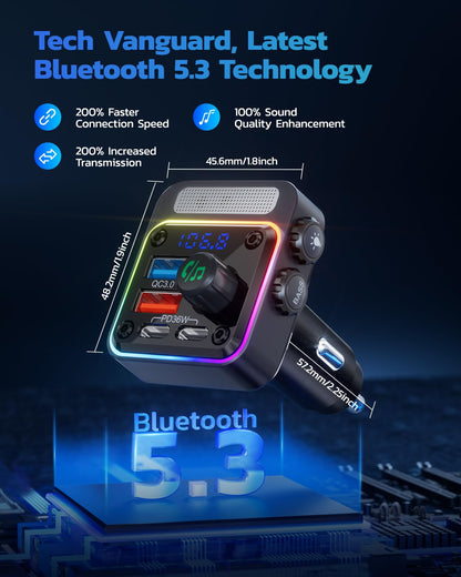 Nulaxy 54W [PD 36W & QC3.0 18W] Bluetooth 5.3 Car Adapter with 4 Charging Ports, Wireless Radio FM Transmitter Audio Receiver with Deep Bass MP3 Music Player, 5 Colors LED Backlit, Hands-Free Calling