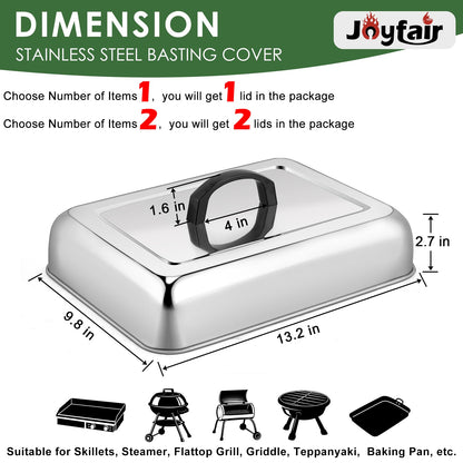 2Pcs 13 x 9.8" Basting Cover for Griddle, Joyfair Rectangular Cheese Melting Dome, Stainless Steel Melt Lid for Outdoor Flat Top Grill, Heat-Resistant Handle & Dishwasher Safe (No Vent)