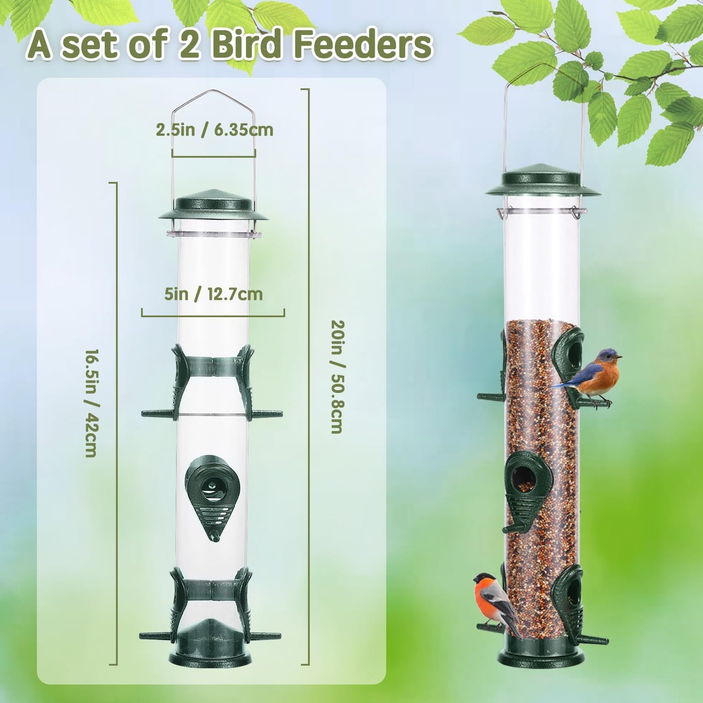 MIXXIDEA Metal Wild Bird Feeder Squirrel Proof Bird Feeders for Outside Hanging 6 Port Tube Bird Feeder Transparent Finch Feeder with Steel Hanger (2 PK, Green)