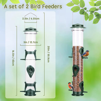 MIXXIDEA Metal Wild Bird Feeder Squirrel Proof Bird Feeders for Outside Hanging 6 Port Tube Bird Feeder Transparent Finch Feeder with Steel Hanger (2 PK, Green)