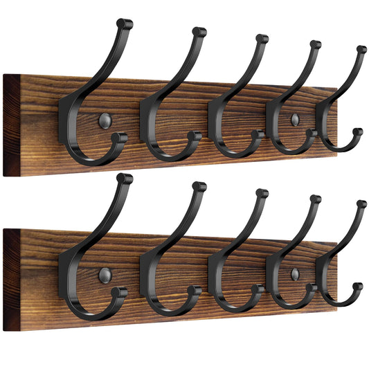 Optish 2 Pack Wooden Coat Rack Wall Mount, 16.1" Rustic Coat Hanger Hooks Wall Mount, Wall Coat Rack for Hat, Clothes, Bags, Jacket - Brown