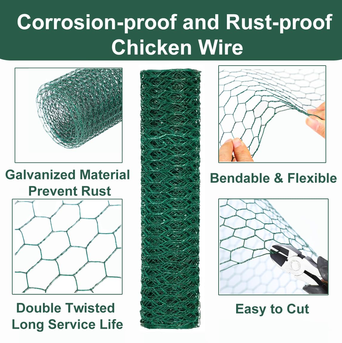 Chicken Wire for Floral Arrangements, 16 x 236 Inches Green Floral Chicken Wire Mesh, 0.6 Inch Hexagonal Galvanized PVC Coated Garden Mesh Netting Fence for Crafts Poultry Garden with 100pcs Ties