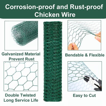 Chicken Wire for Floral Arrangements, 16 x 236 Inches Green Floral Chicken Wire Mesh, 0.6 Inch Hexagonal Galvanized PVC Coated Garden Mesh Netting Fence for Crafts Poultry Garden with 100pcs Ties