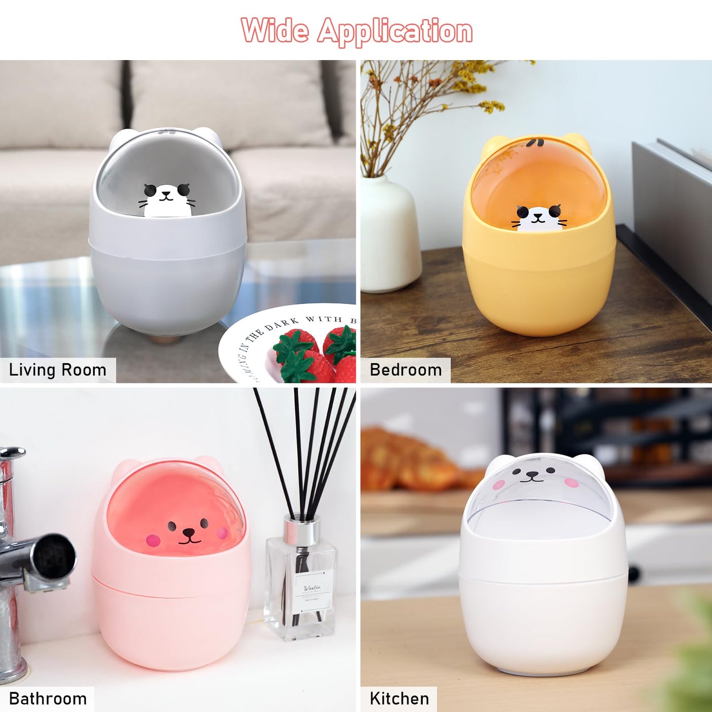 Witwatia 4 Pcs Small Trash Can with Swing Lid, Cute Bear Removable Desktop Trash Can 6 Garbage Bags, Plastic Wastebasket Garbage Bin for Home, Office, Kitchen, Vanity Tabletop, Bedroom, Bathroom