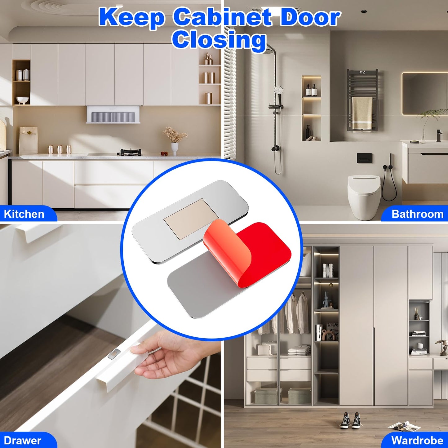 PHIXBEAR 10 Pack Magnetic Cabinet Door Catch, Ultra Thin Cabinet Door Magnets, Adhesive Drawer Magnets to Stay Closed, Stainless Steel Cabinet Latch Easy to Install with Double Sided Tape