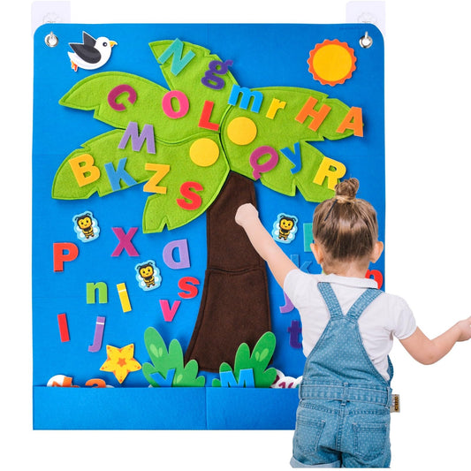 CHEFAN Felt Letter and Number Tree, Coconut Tree Alphabet Game, Felt Story Board Set for Early Education Storytelling, Felt Board for Wall Teaching Home Classroom Play