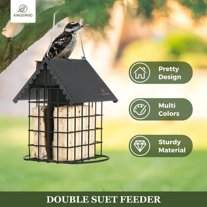 Kingsyard Cute Suet Feeder with Weatherproof Roof, All Metal, Two Suet Capacity, Outdoor Cage Bird Feeder for Wild Bird, w/Hanger, Black